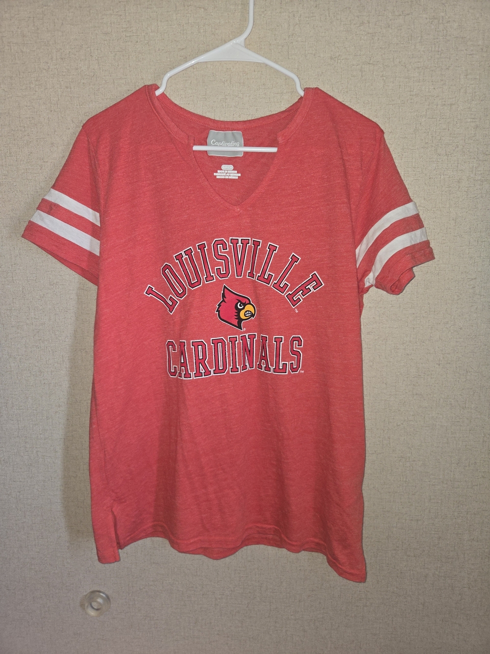 Louisville Cardinals Red ShortโSleeve VโNeck Tee with Sleeve Stripes